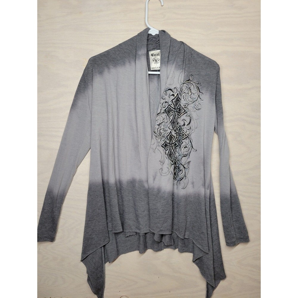 Vocal Women's SZ S Open Front Cardigan Long Sleeve Sweater Gray Rhinestones
